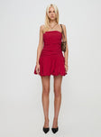 front view of model wearing Princess Polly Glamour Girl Strapless Bubble Hem Mini Dress Red Straight Neck 