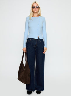 side view of model wearing Princess Polly Passoni Long Sleeve Top Blue Full Sleeves Crew Neck 