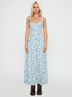 front view of model wearing Princess Polly Izebella Maxi Dress Blue Floral Sweetheart Neckline 