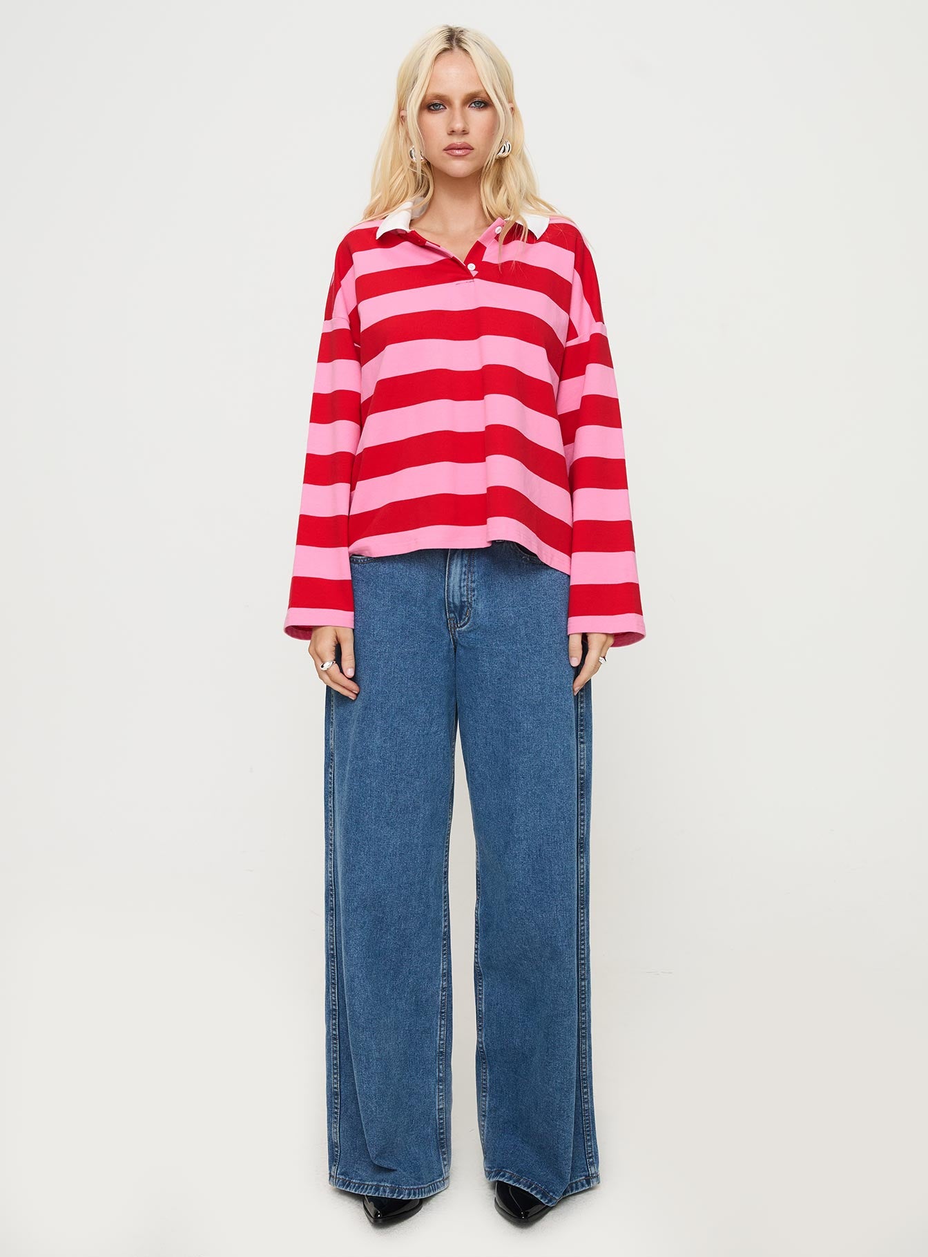 side view of model wearing Princess Polly Felivand Collared Sweater Pink / Red 