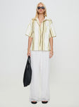 front view of model wearing Princess Polly Karyn Top White / Yellow Stripe Half Sleeves High Neck 