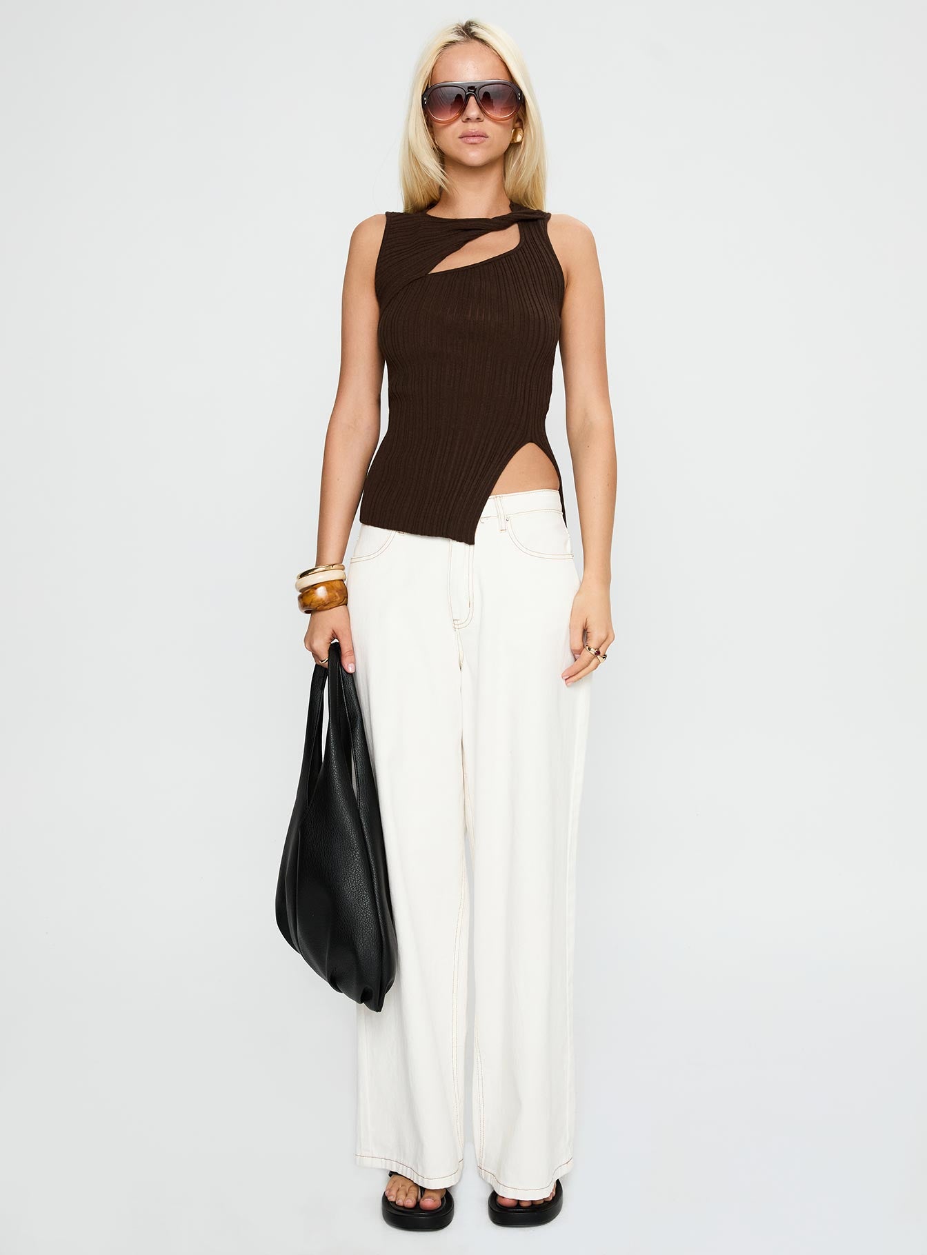 front view of model wearing Princess Polly Cash Out Twist Detail Top Chocolate Sleeveless High Neck 