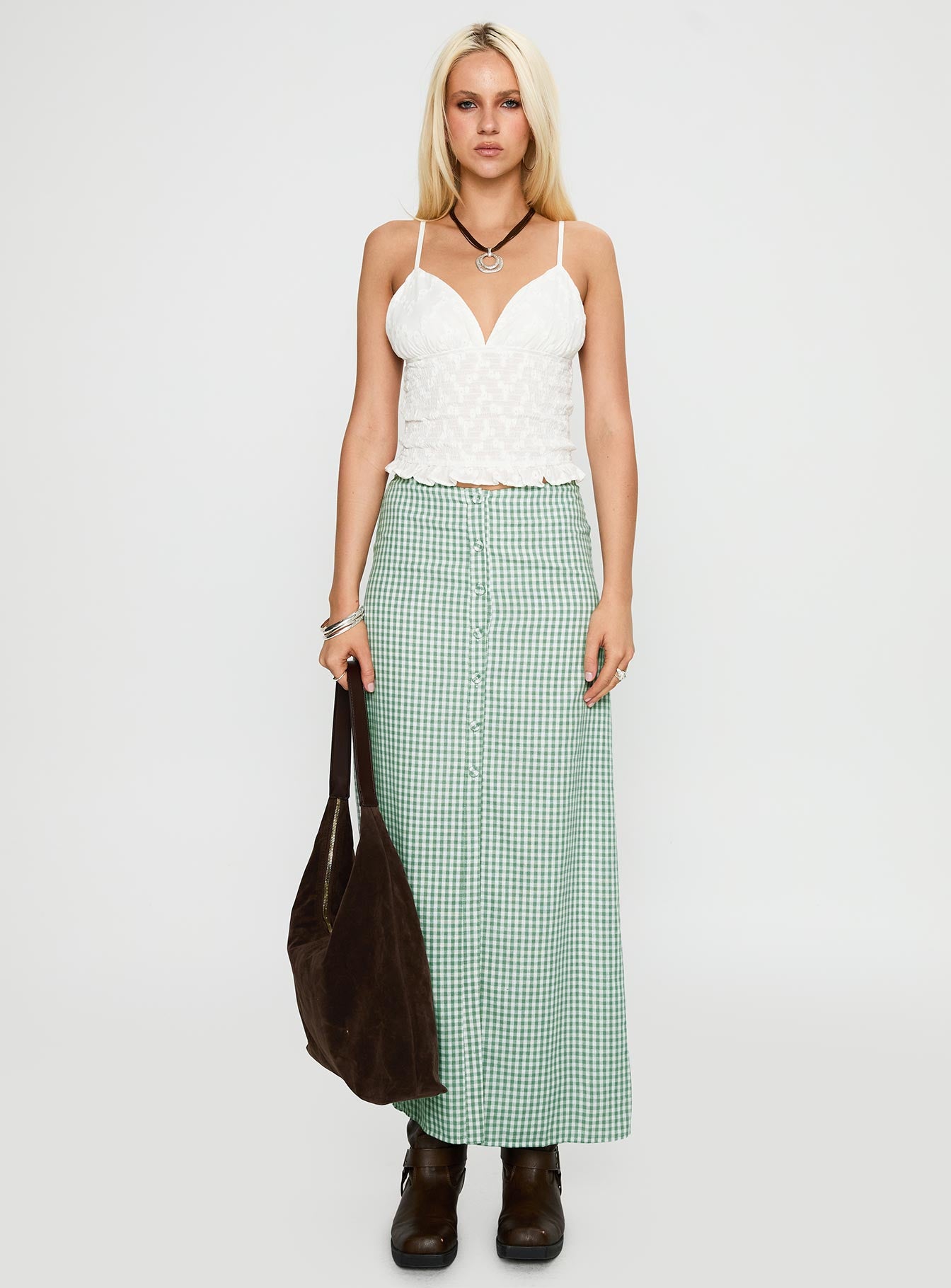   front view of model wearing Princess Polly Macadamia Maxi Skirt Green / White Maxi 