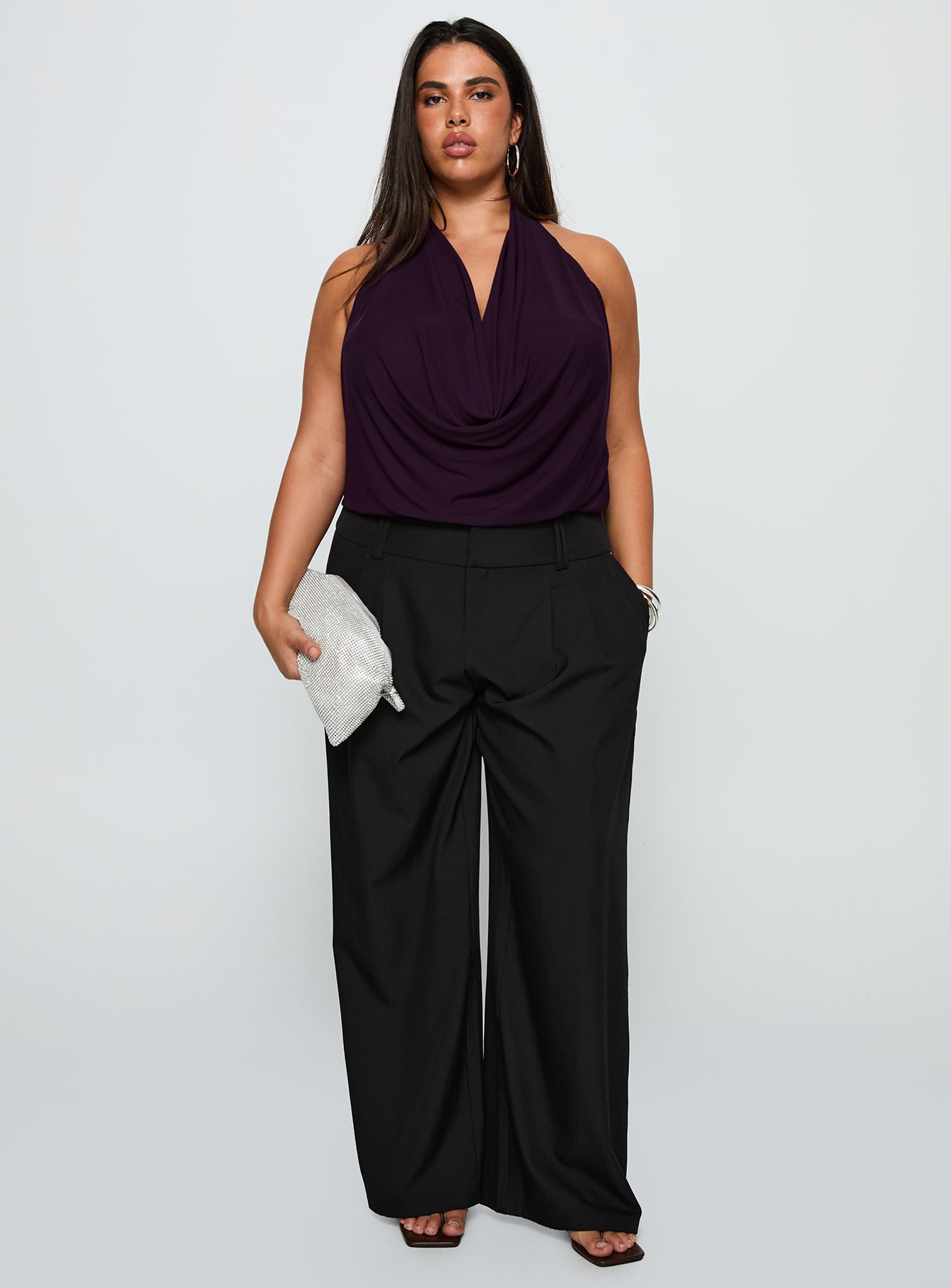 back view of model wearing Princess Polly Carefree Days Cowl Neck Top Purple Curve Sleeveless Cowl 