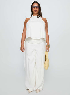 front view of model wearing Princess Polly Aquaria Halter Linen Blend Top White Curve Sleeveless Crew Neck 