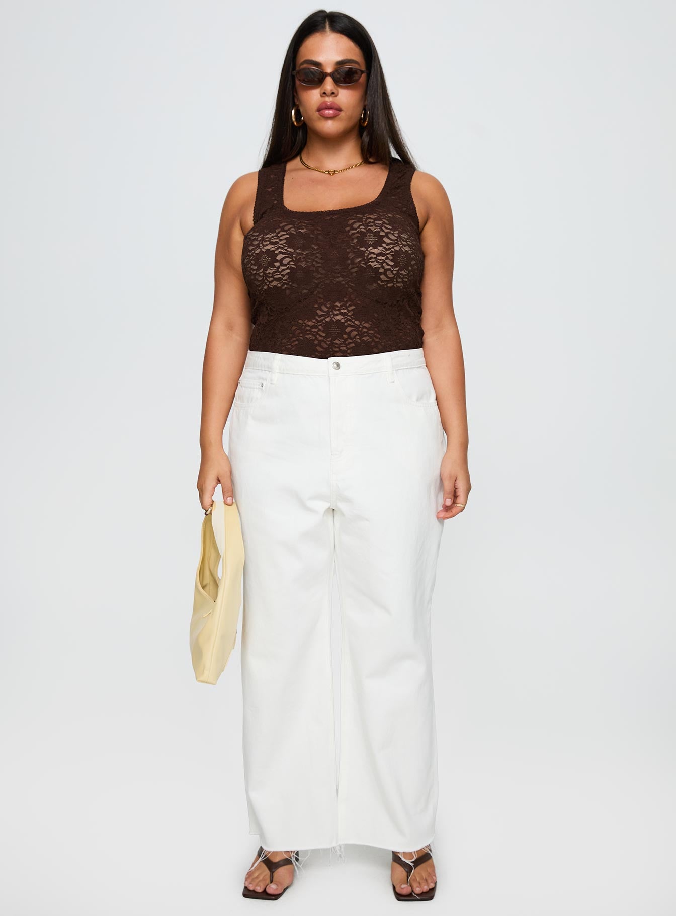 front view of model wearing Princess Polly Fawcett Jeans White Curve High Waisted 