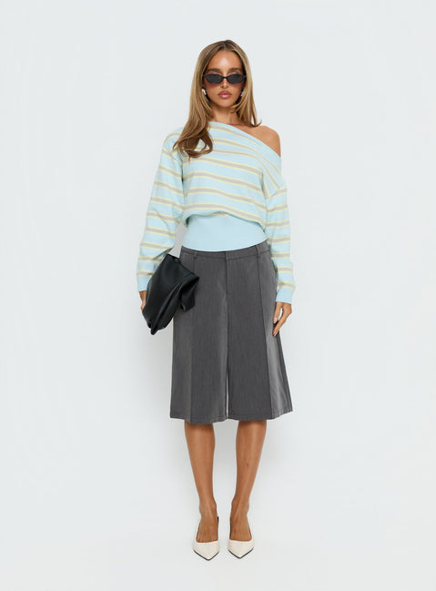 Zinia Off Shoulder Knit Sweater Grey / Blue Stripe