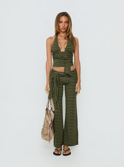 front view of model wearing Princess Polly Esata Tie Detail Pants Green Stripe Mid Rise Pants 