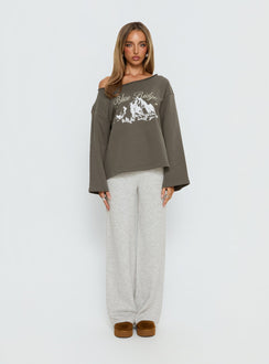 side view of model wearing Princess Polly Blue Ridge Mountains Off Shoulder Graphic Sweater Grey 