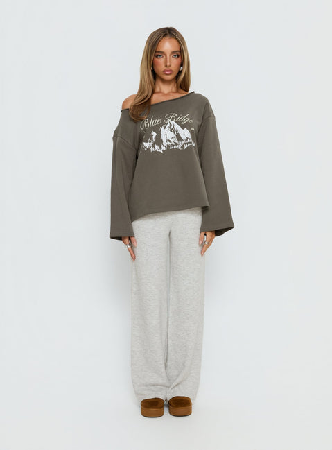 side view of model wearing Princess Polly Blue Ridge Mountains Off Shoulder Graphic Sweater Grey 
