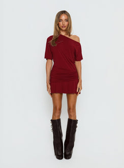 Haylo Off Shoulder Drape Mini Dress Burgundy
