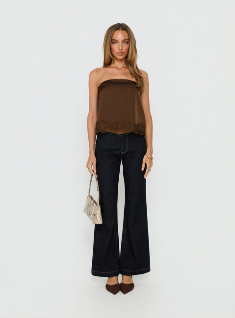 Sheyla Strapless Satin Lace Trim Top Chocolate