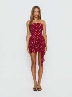 Karlena Strapless Ruched Mini Dress Burgundy Polka Dot