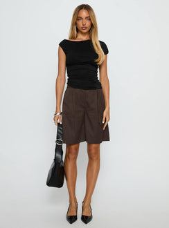 Lorina Tailored Longline Shorts Brown Pinstripe