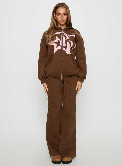 front view of model wearing Princess Polly Princess Polly Stargirl Wide Leg Sweat Pants Brown High Rise Pants 