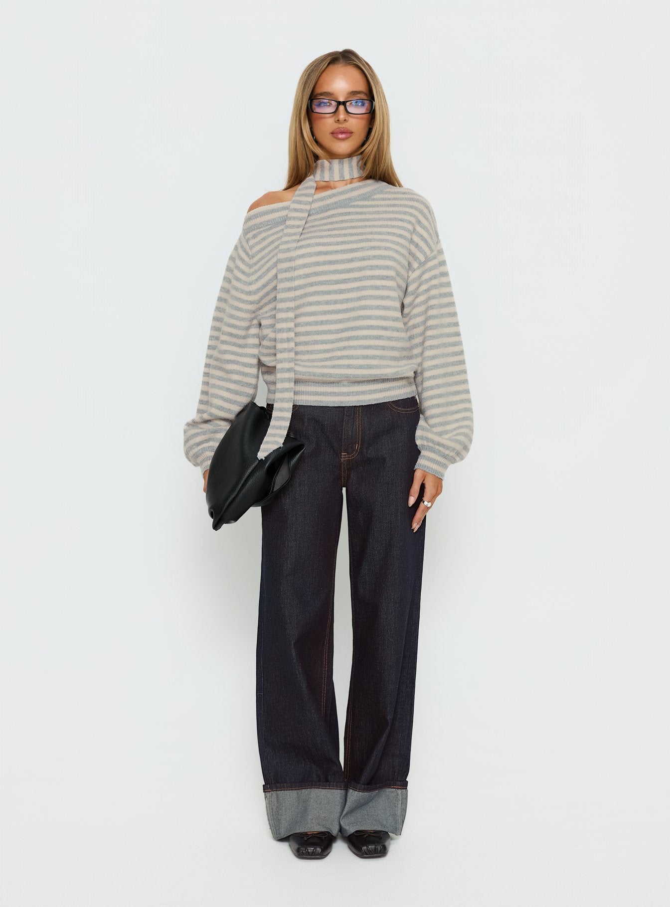 フィフィアンドロメオ　ボーンニットSS Ruthi Scarf Off Shoulder Knit Sweater Neutral Stripe | Princess Polly