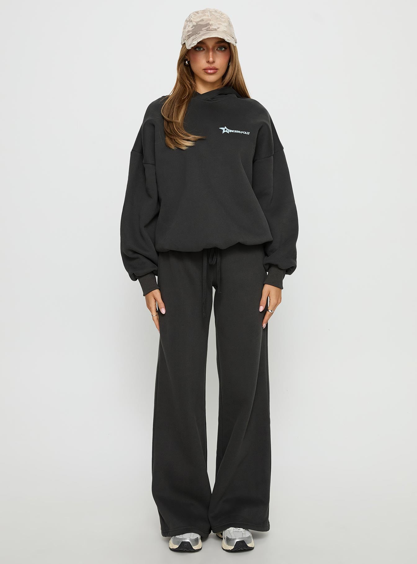 front view of model wearing Princess Polly Princess Polly Stargirl Wide Leg Sweat Pants Charcoal High Rise Pants 