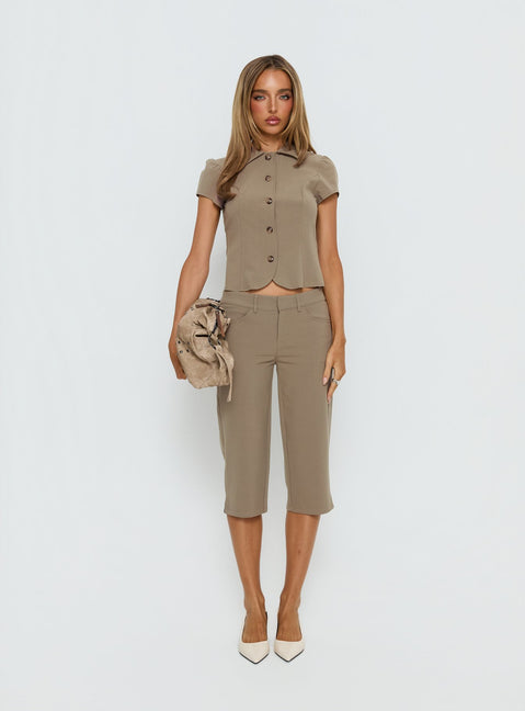 Maorah Button Up Tailored Collared Blouse Top Taupe
