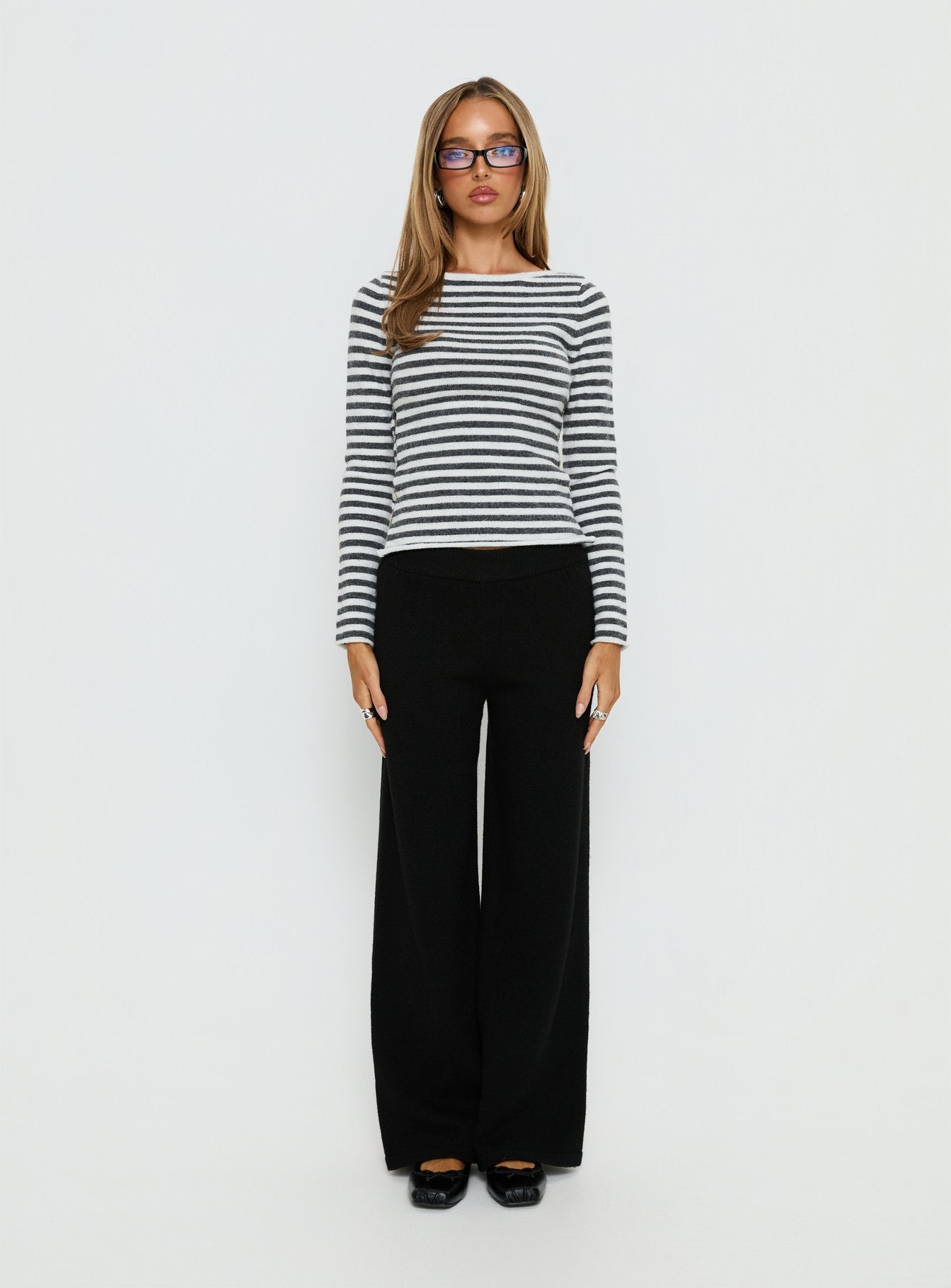 front view of model wearing Princess Polly Bekki Wide Leg Knit Pant Black High Rise Pants 