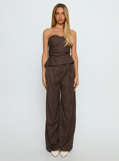 front view of model wearing Princess Polly Natilee Relaxed Tailored Pants Brown Pinstripe Low Rise Pants 