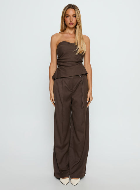 front view of model wearing Princess Polly Natilee Relaxed Tailored Pants Brown Pinstripe Low Rise Pants 