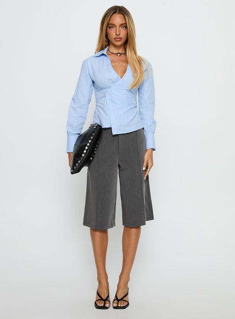 Mayda Asymmetrical Long Sleeve Shirt Blue Pinstripe
