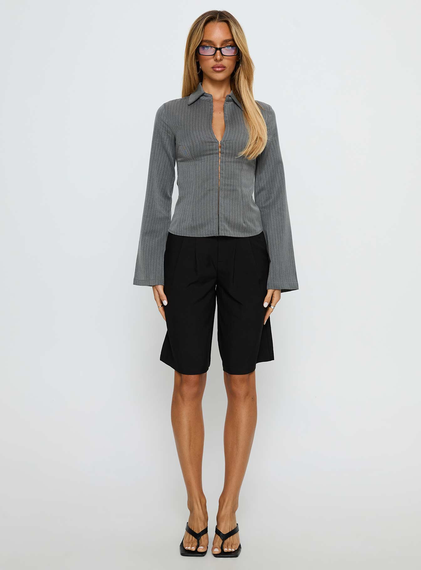 Dawna Hook And Eye Corset Top Grey Pinstripe | Princess Polly