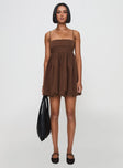 front view of model wearing Princess Polly Layken Bubble Hem Mini Dress Chocolate Square Neck 