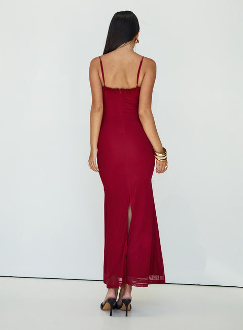 back view of model wearing Princess Polly Capisce Maxi Dress Red Plunger 
