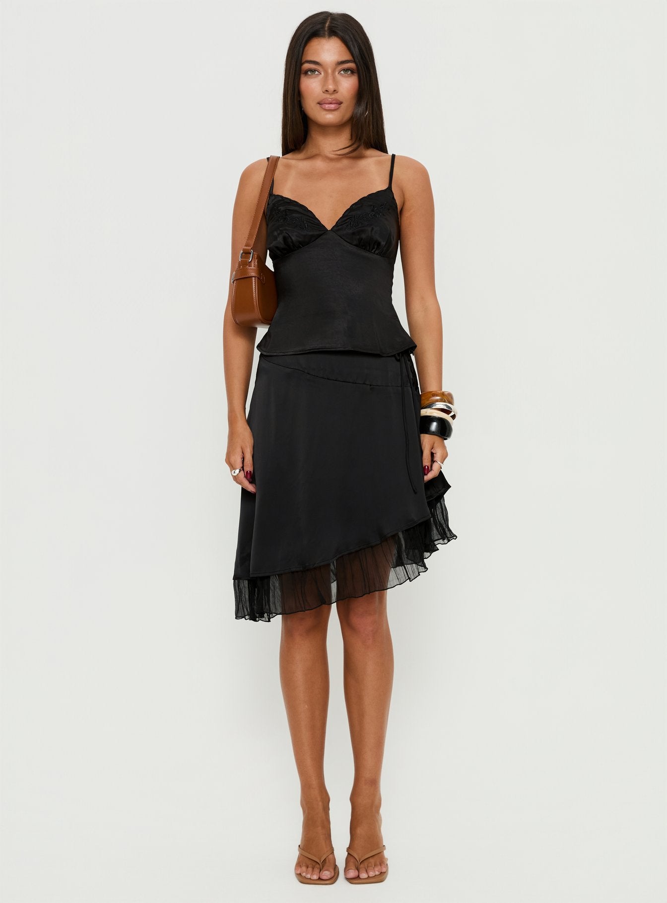 Aruba Satin Embroidered Cami Top Black | Princess Polly