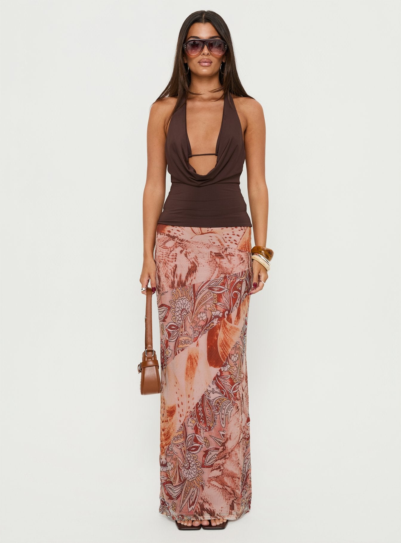 Xylia Plunge Neck Tie Back Top Chocolate | Princess Polly