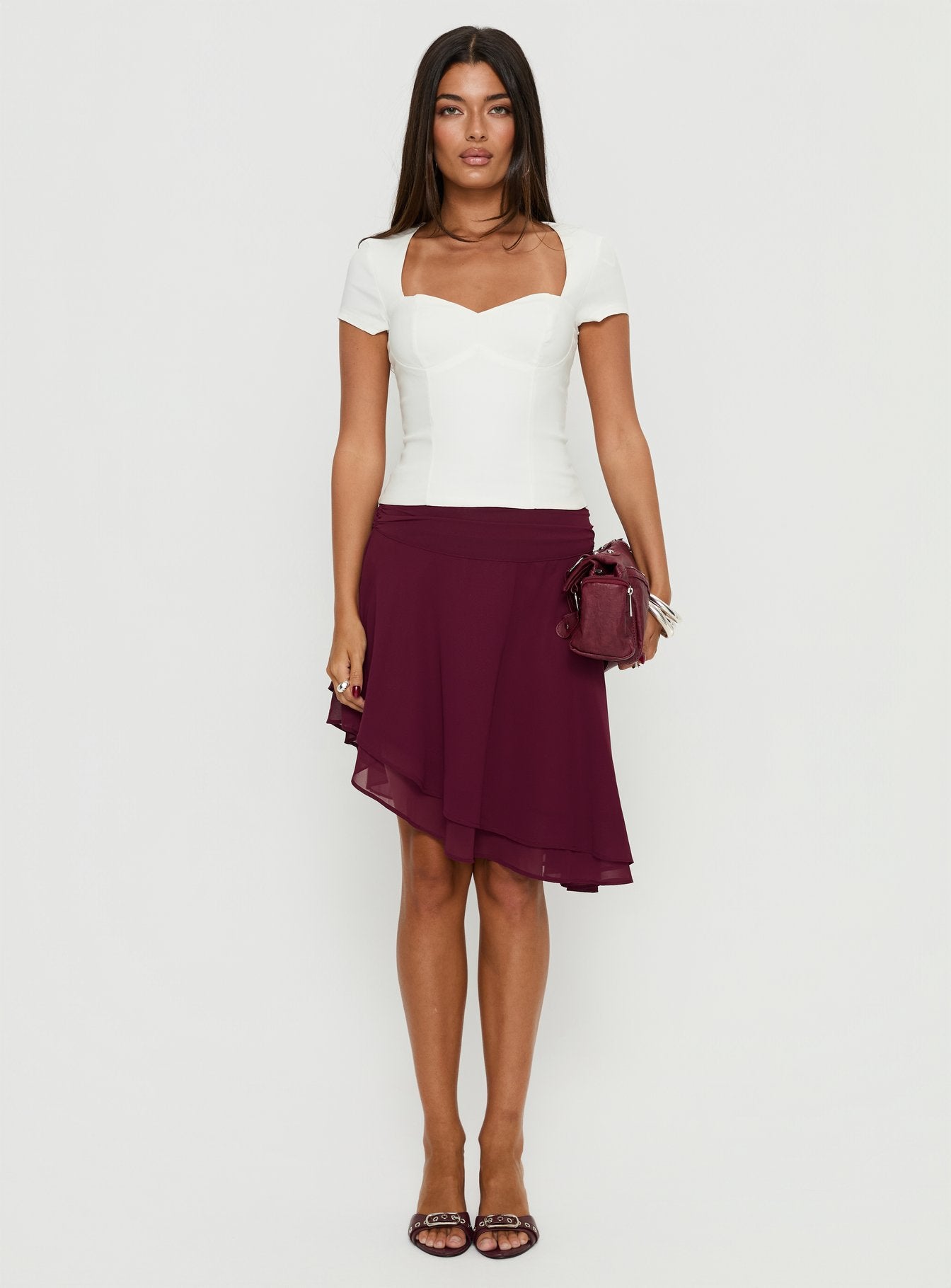 Evanescence Asymmetrical Midi Skirt Cherry | Princess Polly