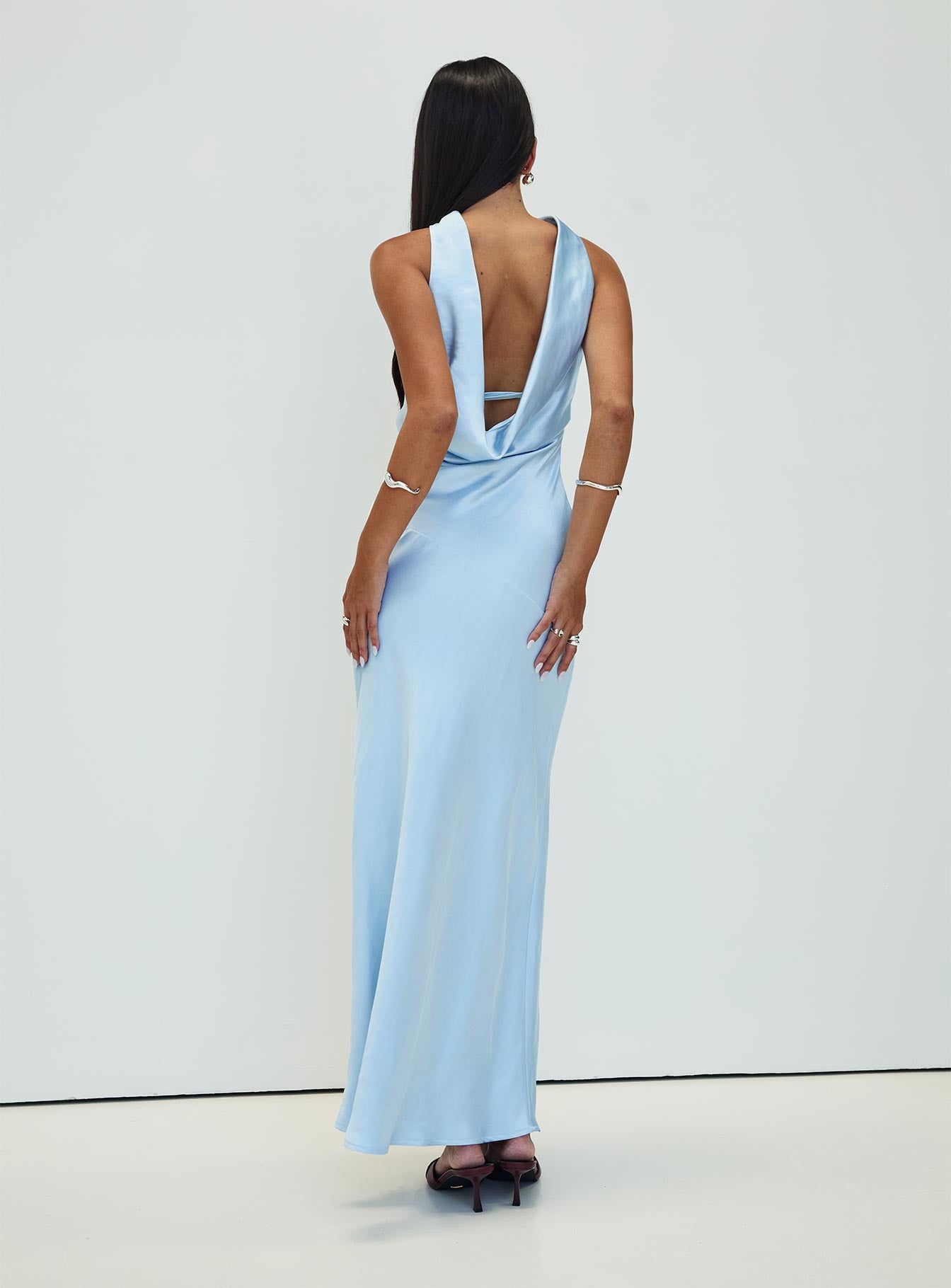 back view of model wearing Princess Polly Legacies Strapless Maxi Dress Icy Blue Straight Neck 