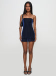 front view of model wearing Princess Polly Carette Strapless Mini Dress Navy Straight Neck 