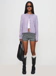 front view of model wearing Princess Polly Denmark Cardigan Lilac Cropped 