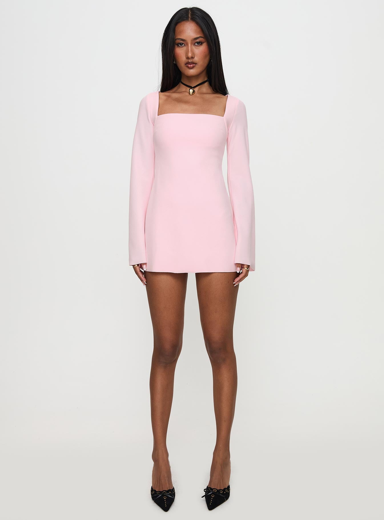 side view of model wearing Princess Polly Bombshell Long Sleeve Mini Dress Pink Square Neck 