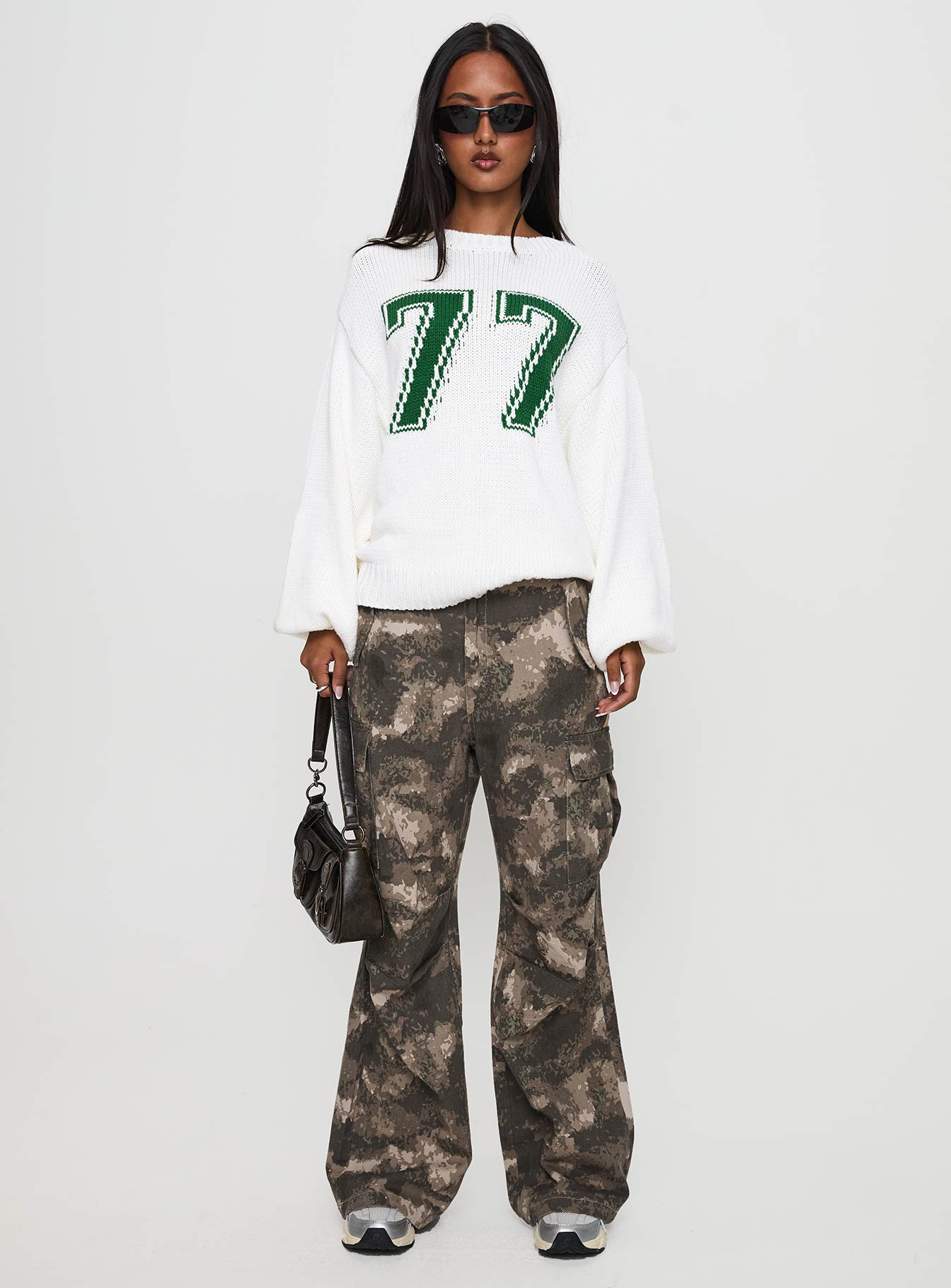 side view of model wearing Princess Polly Summer 77 Knit Sweater White / Green 