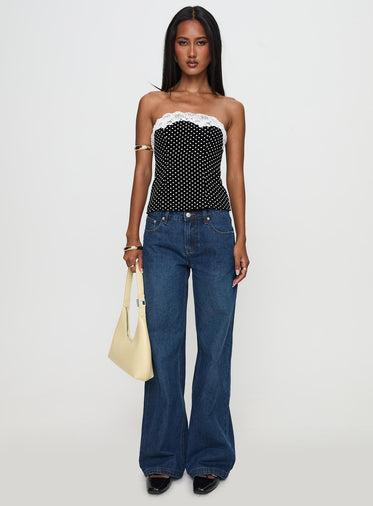 Ettore Lace Trim Strapless Top Black Polka