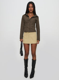 side view of model wearing Princess Polly Held My Hand Long Sleeve Top Brown Stripe Full Sleeves High Neck 