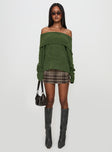 front view of model wearing Princess Polly Parkley Boucle Off The Shoulder Sweater Olive Long 