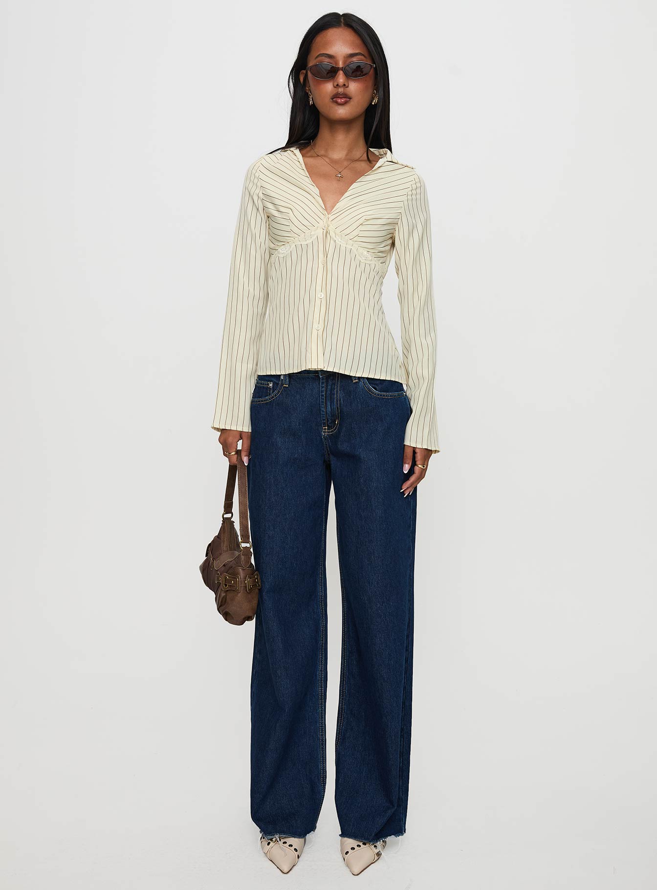 Life Begins Long Sleeve Lace Trim Top Cream Stripe | Princess Polly