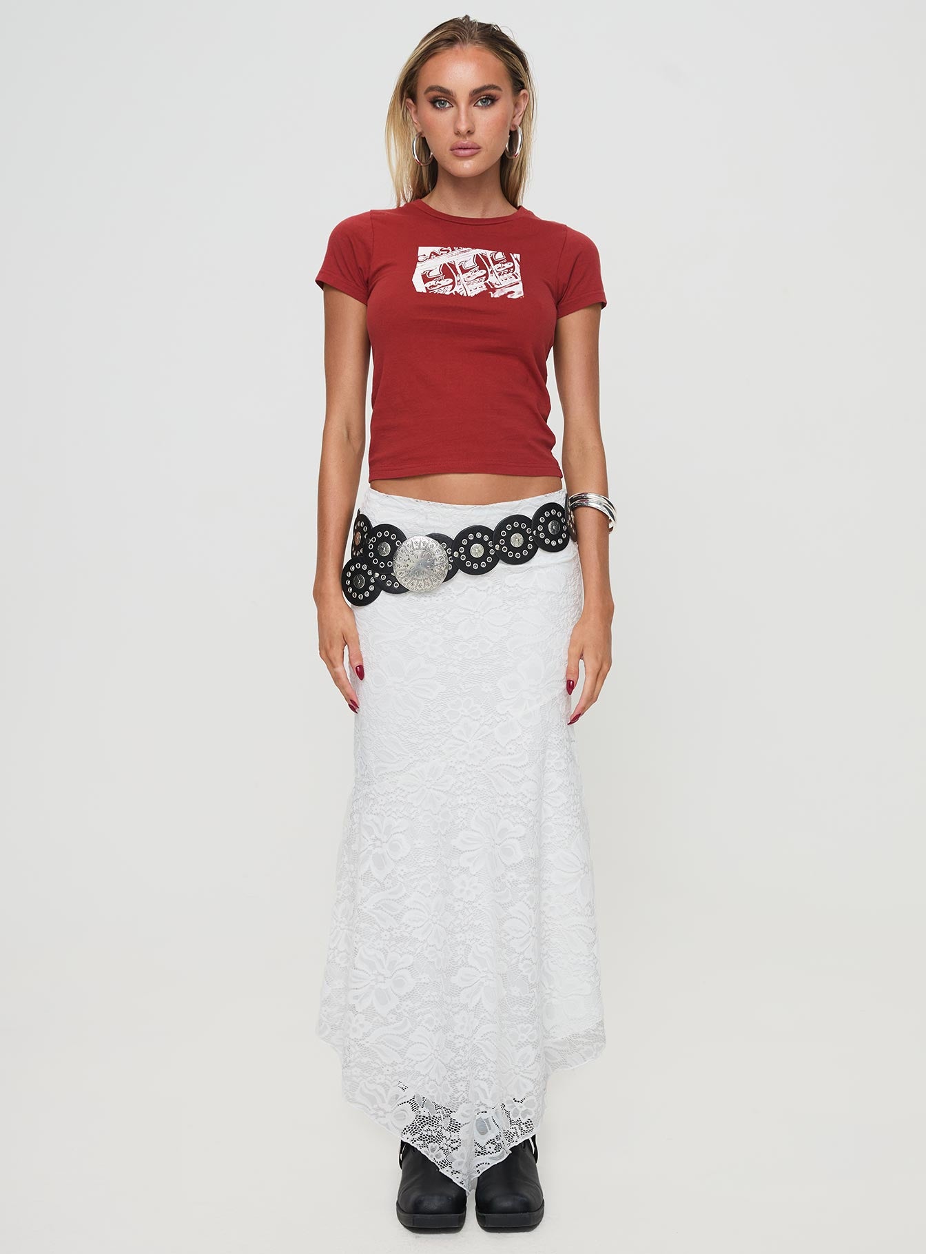   front view of model wearing Princess Polly Cattanio Lace Midi Skirt White Maxi 