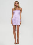 front view of model wearing Princess Polly Shaya Strapless Mini Dress Lilac Straight Neck 