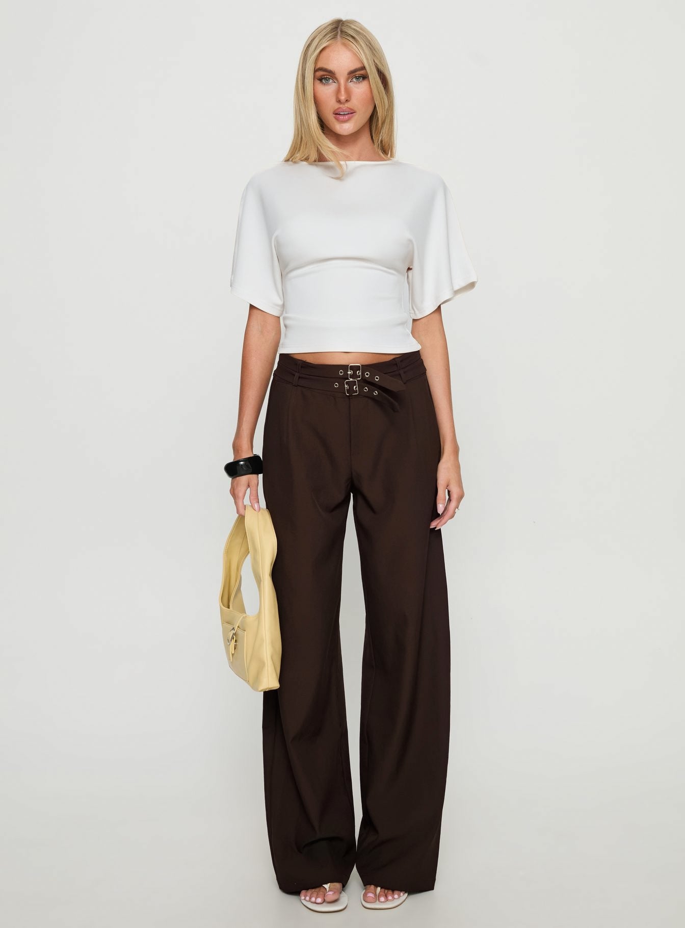 front view of model wearing Princess Polly Wylma Belt Detail Tailored Pants Chocolate High Rise Pants 
