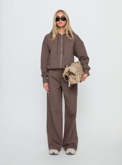 front view of model wearing Princess Polly All Day Straight Leg Sweatpants Mocha Mid Rise Pants 