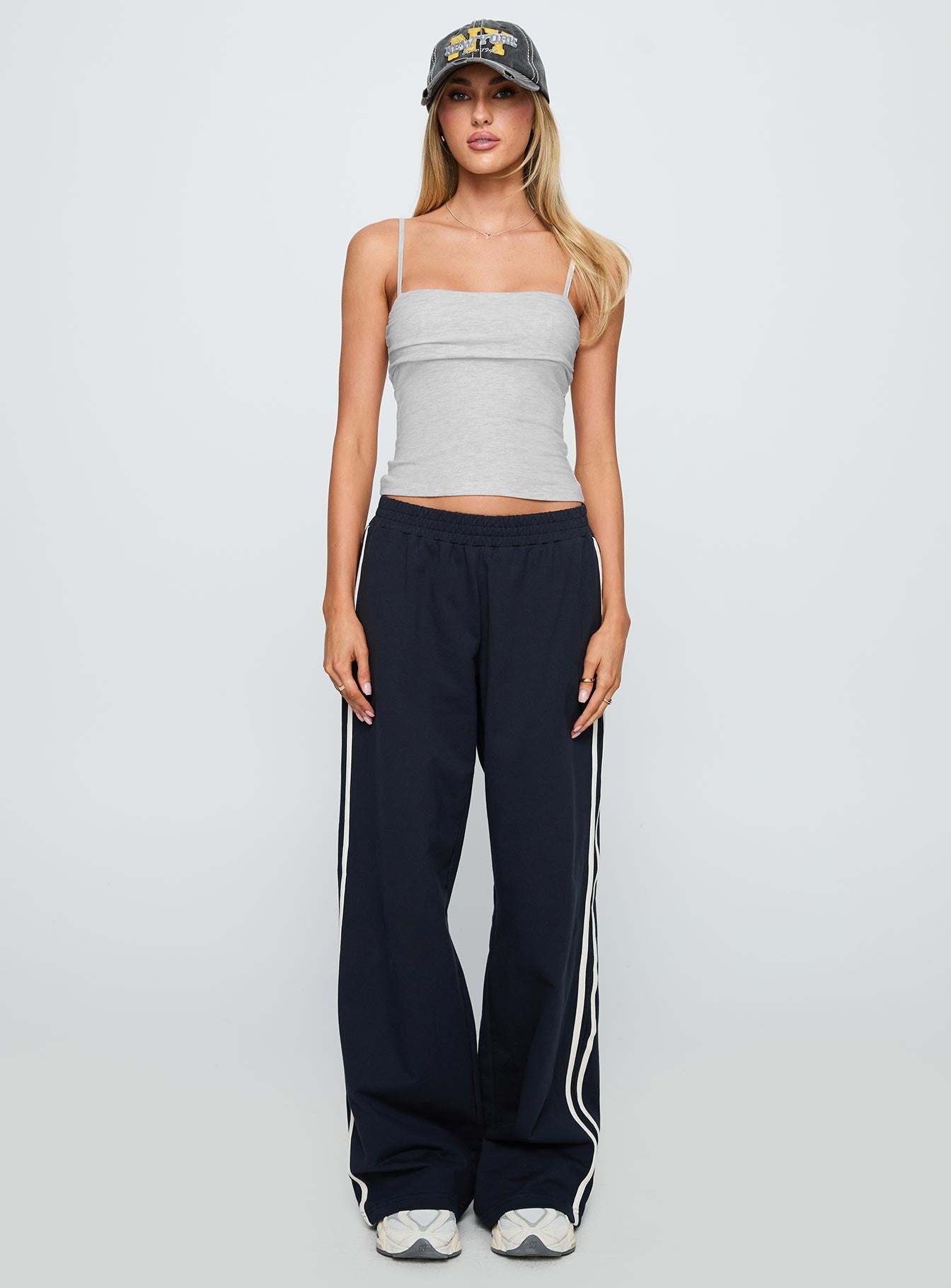 front view of model wearing Princess Polly Race My Mind Top Grey Marle Sleeveless Square Neck 