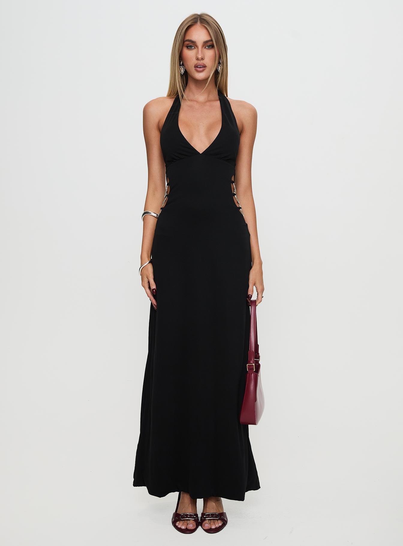front view of model wearing Princess Polly Make A Fortune Hardware Halter Maxi Dress Black Plunger 