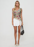 Top Floral top, v neckline, lace trim, asymmetrical hem, invisible zip fastening Non-stretch material, lined bust 
