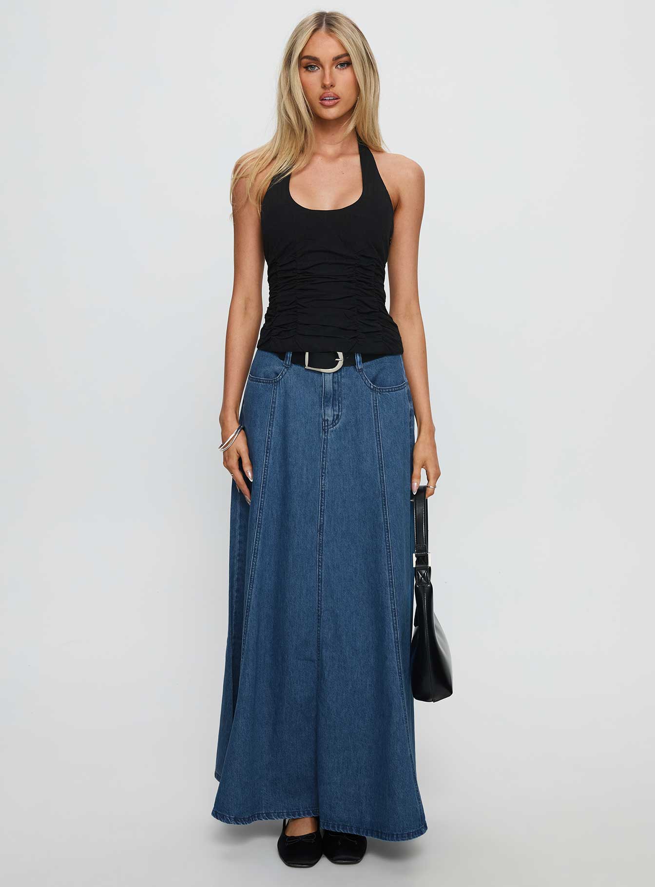 Charleigh Soft Pleat Denim Maxi Skirt Mid Blue Wash | Princess Polly