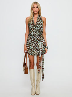Brissa Halter Wrap Mini Dress Brown Multi